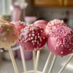 Close-up of several Pink Velvet Cake Pops with various pink and white sprinkles and coatings.
