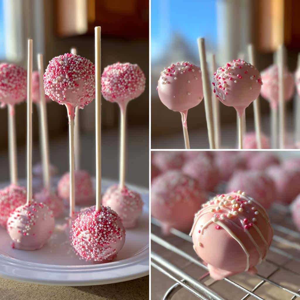 Collage of homemade pink velvet cake pops, some covered in sprinkles, on sticks.