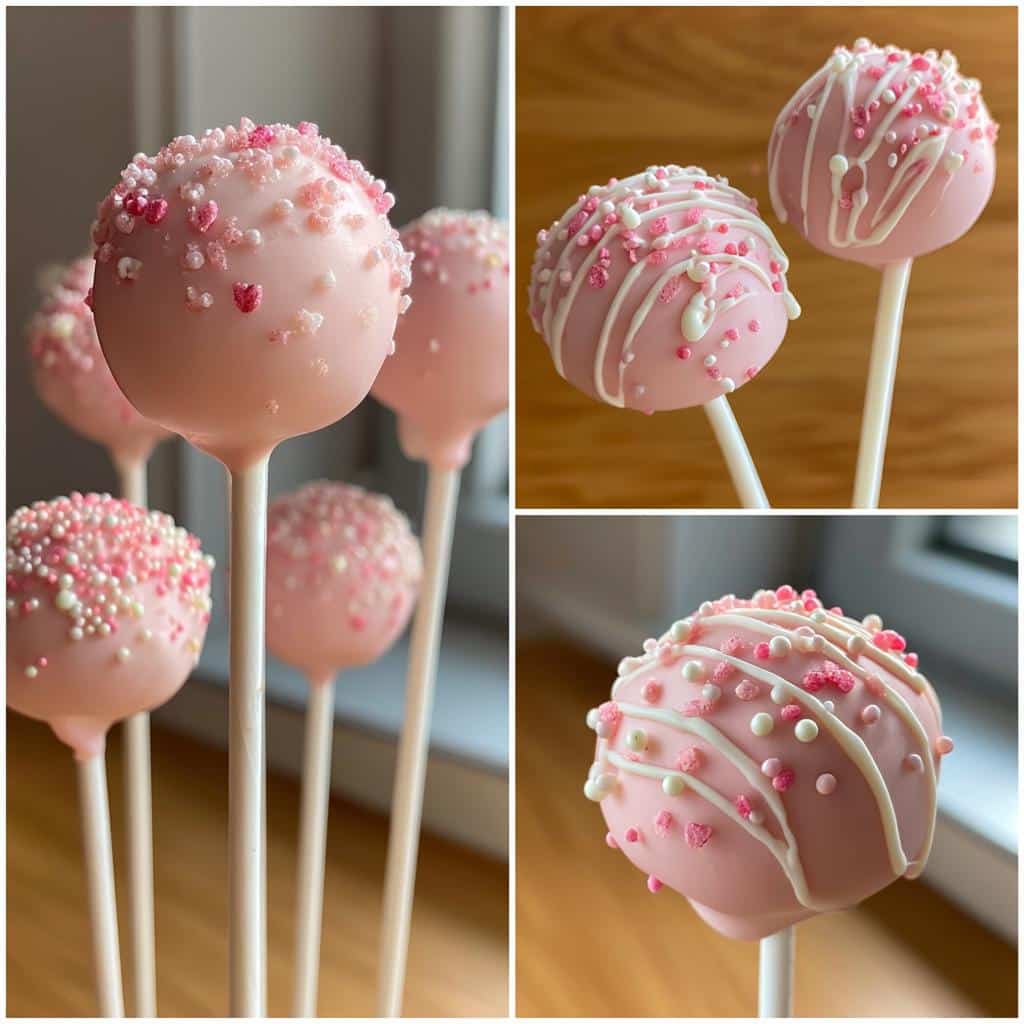 Collage of pink velvet cake pops decorated with sprinkles and white chocolate drizzle.