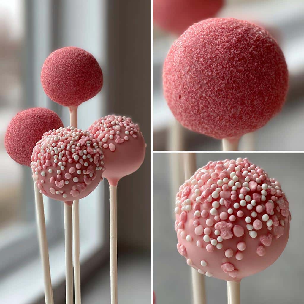 Collage of pink velvet cake pops, some with sprinkles and some with a sugar coating.
