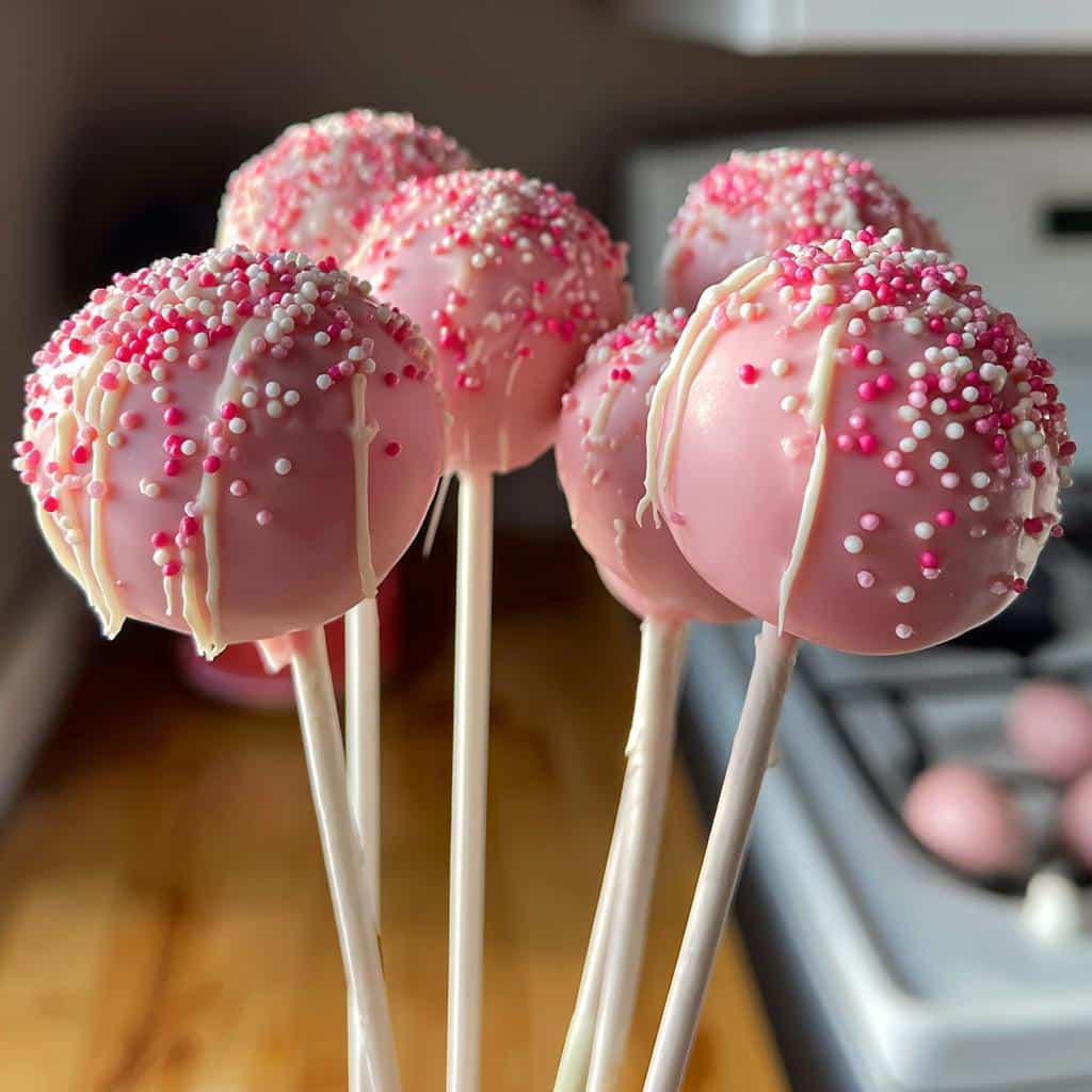A bunch of homemade Pink Velvet Cake Pops decorated with sprinkles and white chocolate drizzle.