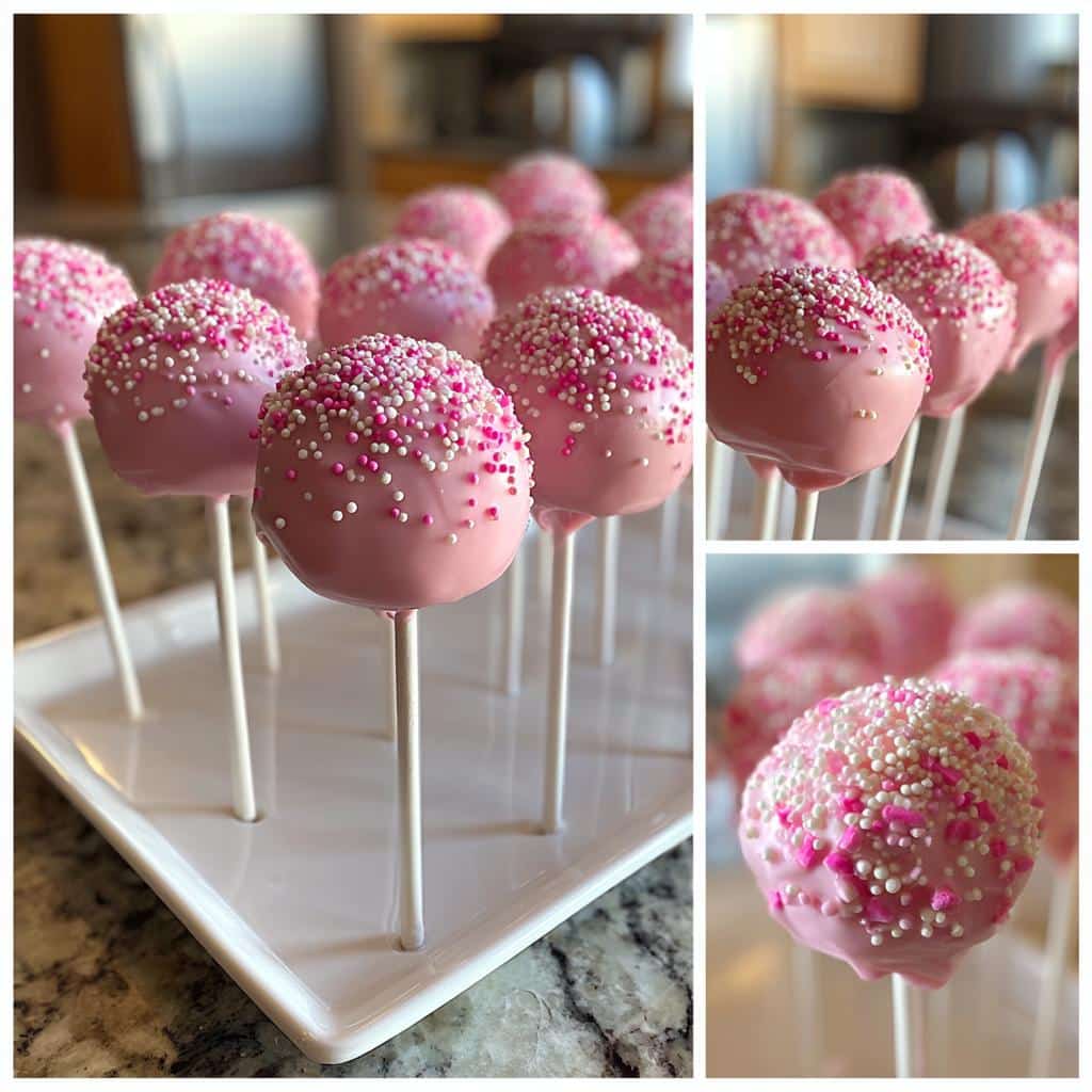 A batch of homemade pink velvet cake pops decorated with sprinkles, displayed on a white tray.