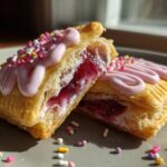Two raspberry cream pop-tarts stacked, showing the raspberry and cream filling, pink icing, and colorful sprinkles.
