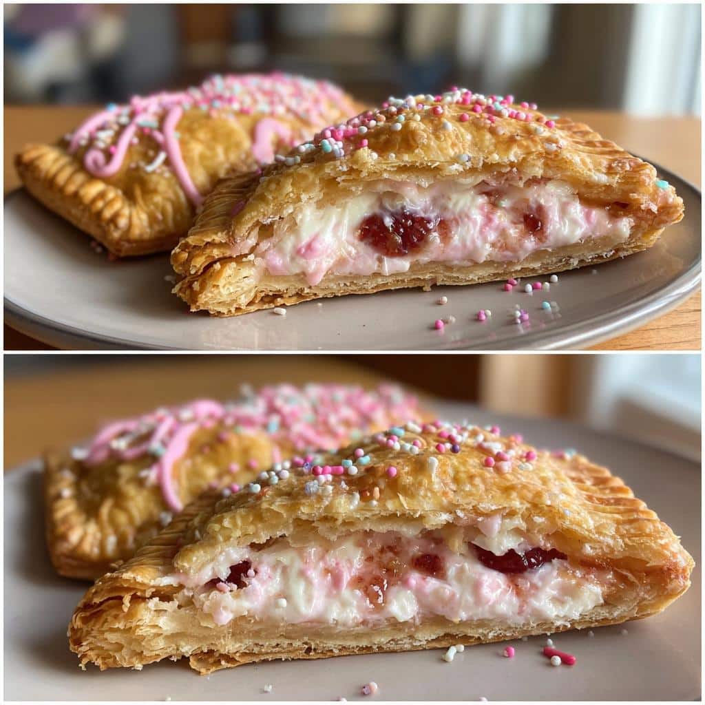 Two raspberry cream pop-tarts on a plate, one cut open to show the raspberry and cream filling.