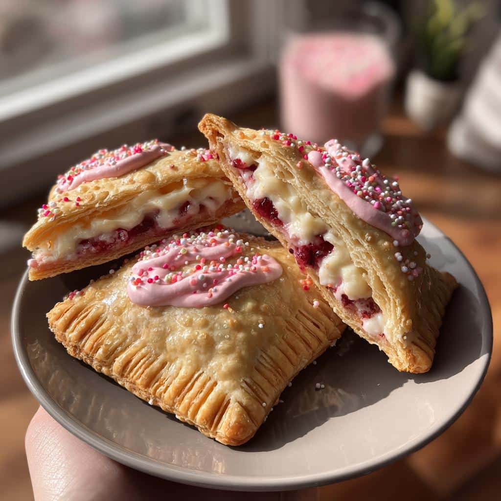 Three homemade raspberry cream pop-tarts on a plate, topped with pink frosting and sprinkles. 