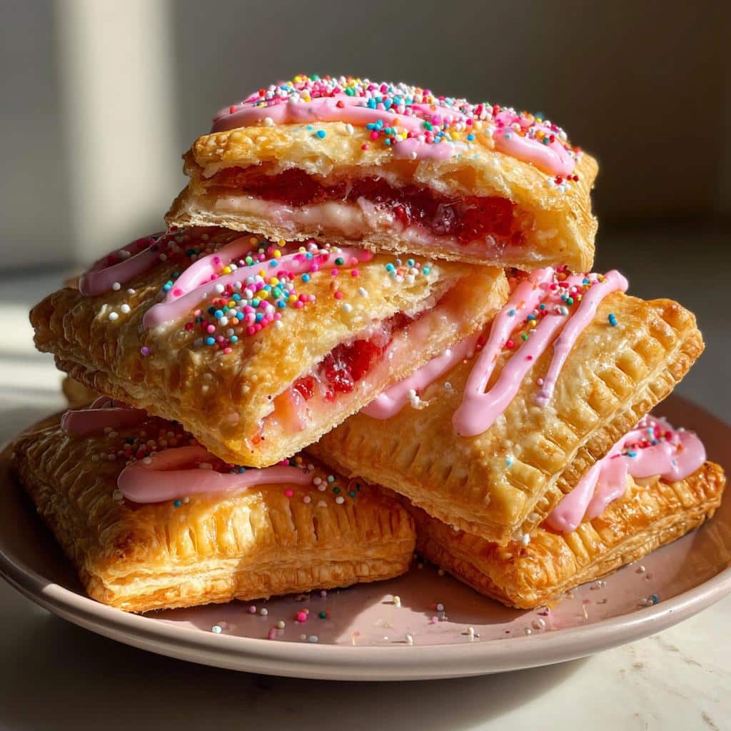 A stack of homemade raspberry cream pop-tarts with pink icing and colorful sprinkles on a pink plate.