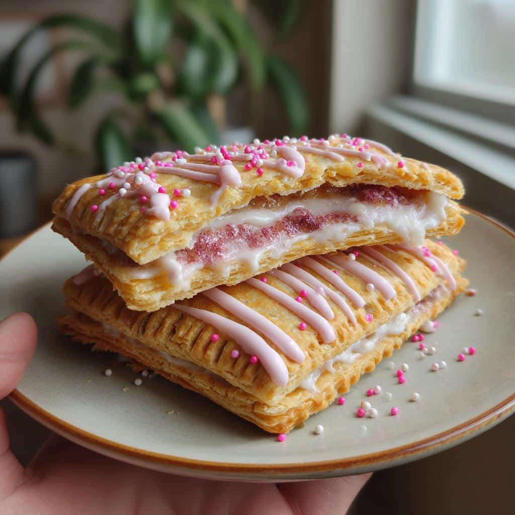Two stacked raspberry cream pop-tarts with pink icing and sprinkles on a plate, held by a hand.