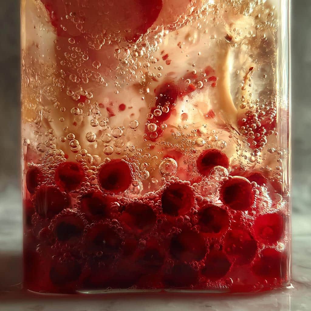 Close-up of a strawberry boba drink with red boba pearls, strawberry pieces, and bubbles in a clear glass.
