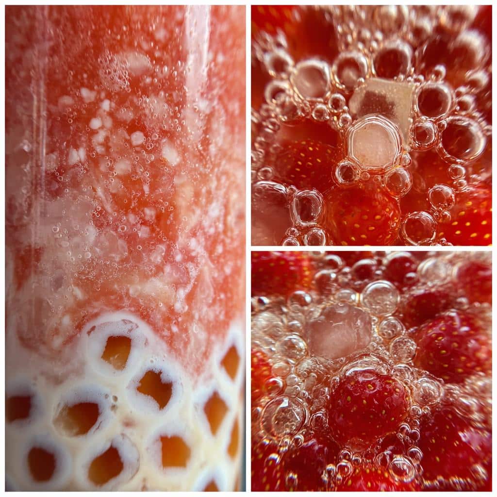 Close-up of a Strawberry boba drink showing the boba pearls, strawberry mixture, and ice bubbles.