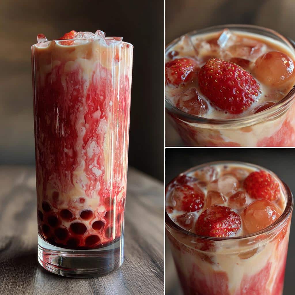 A tall glass filled with a Strawberry boba drink, featuring boba pearls, strawberry puree, milk, ice, and fresh strawberries.