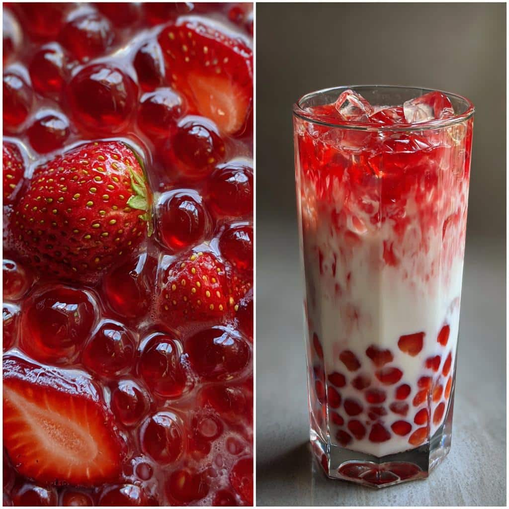 A tall glass of strawberry boba drink with layers of milk, strawberry puree, ice, and boba pearls.