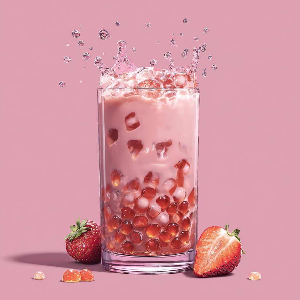 A glass of strawberry boba drink with a splash, featuring boba pearls and fresh strawberries.