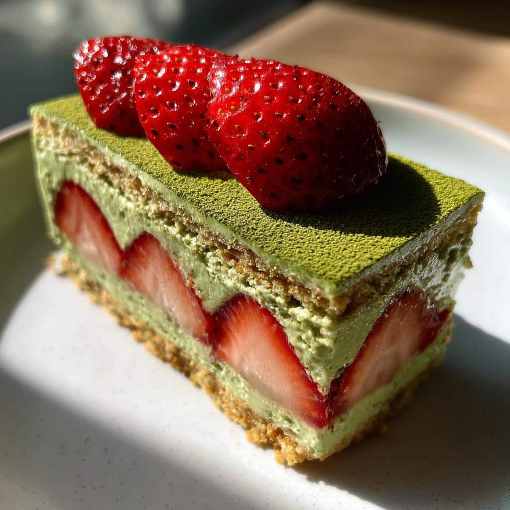 A slice of layered strawberry matcha dessert topped with fresh strawberries. A delicious treat!