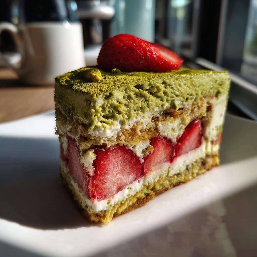 A slice of strawberry matcha dessert, featuring layers of strawberries, cream, and matcha topping.