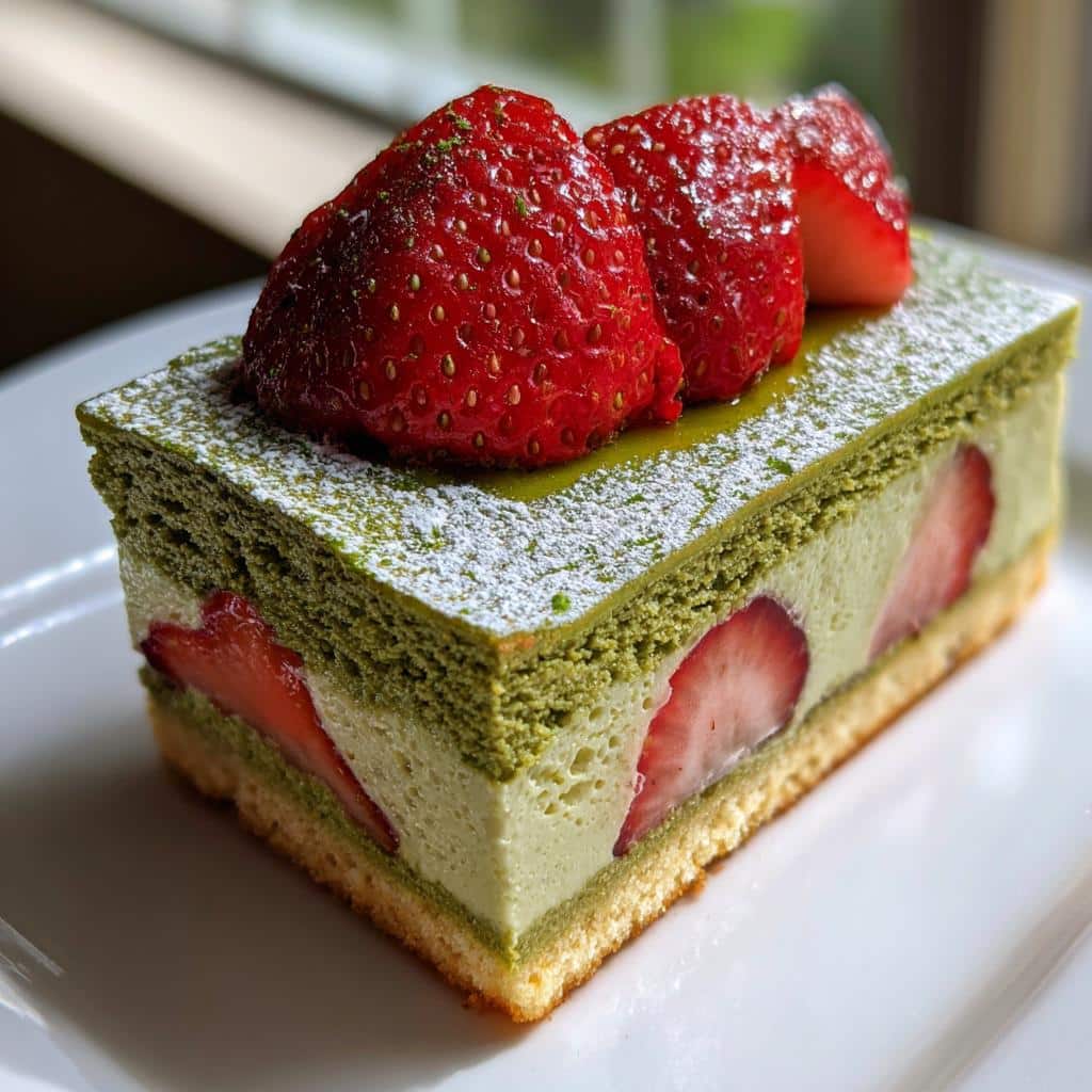 A slice of strawberry matcha dessert featuring layers of matcha cake, cream, and fresh strawberries.