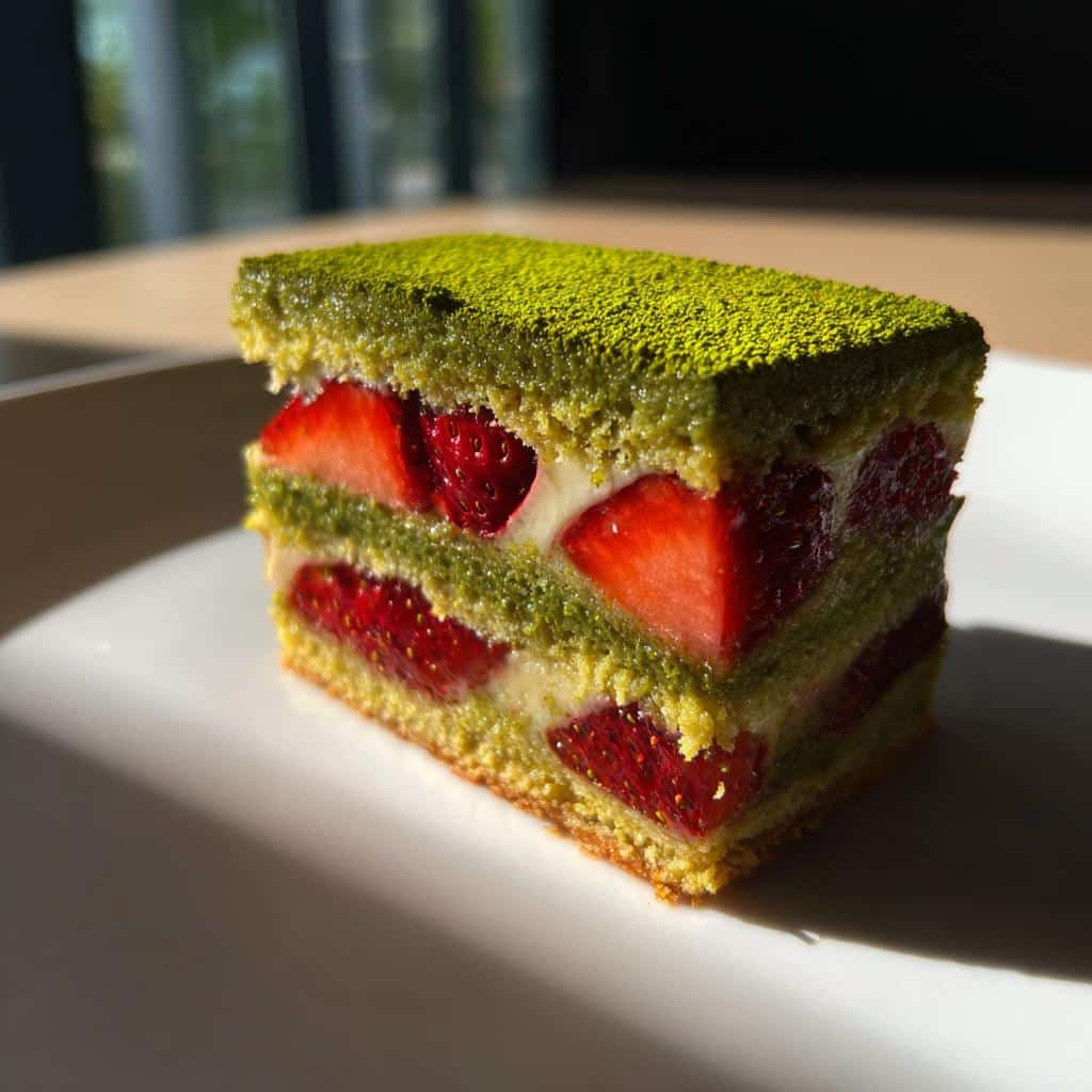 A layered strawberry matcha dessert slice with fresh strawberries and cream filling.