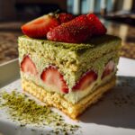 A layered strawberry matcha desserts cake with fresh strawberries on top, dusted with matcha powder.