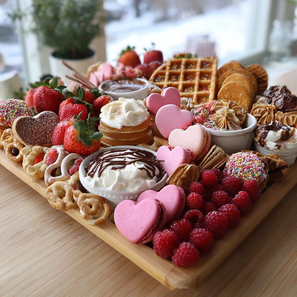A delicious Valentine’s breakfast board filled with waffles, pancakes, cookies, fruit, and heart-shaped macarons.