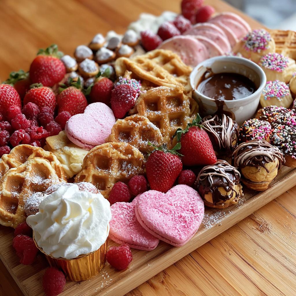 A colorful Valentine’s breakfast board featuring waffles, strawberries, raspberries, macarons, and chocolate-covered pastries.