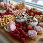 Delicious Valentine’s breakfast board featuring waffles, berries, macarons, and whipped cream.