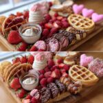 Festive Valentine’s breakfast board featuring waffles, fresh berries, macarons, and sweet treats.