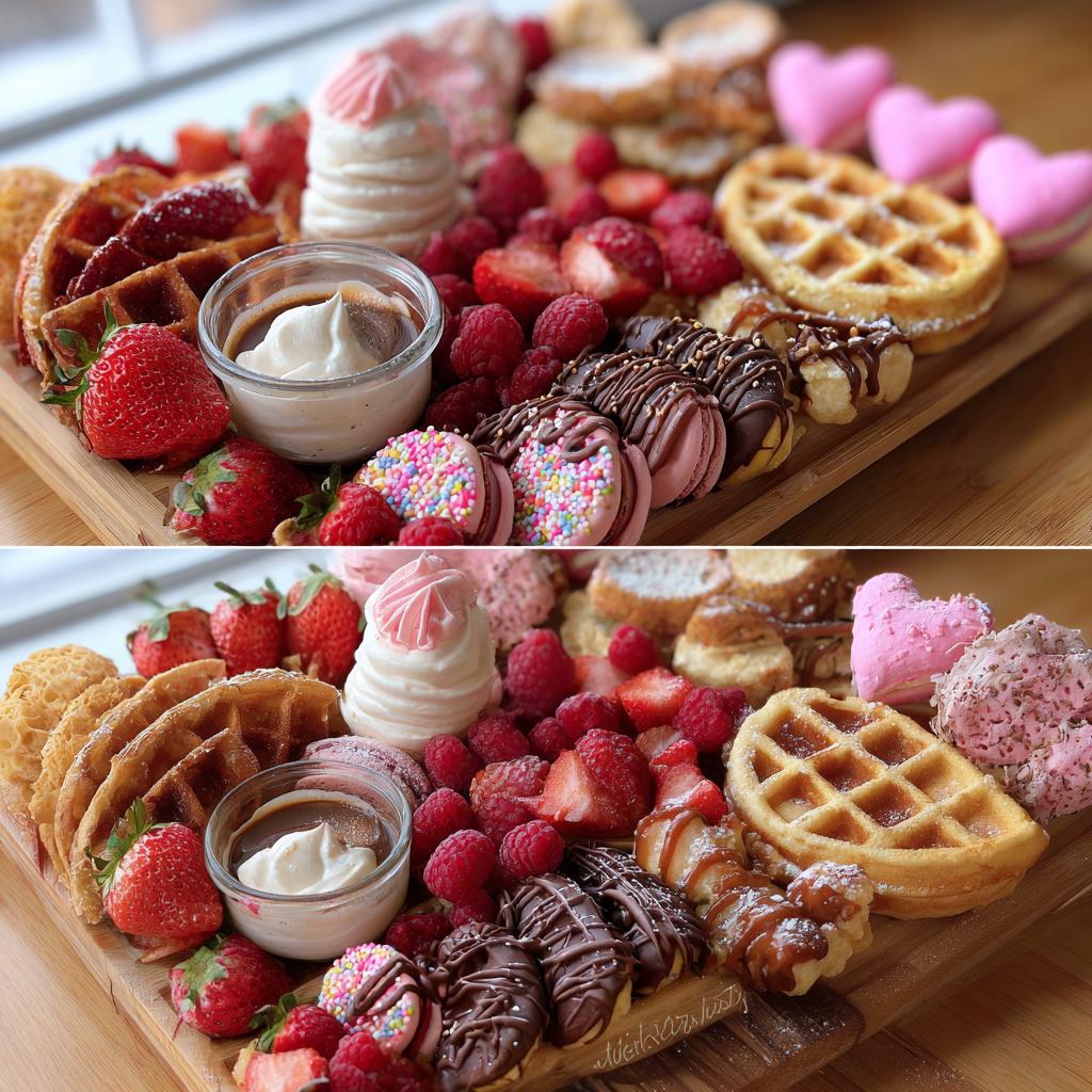 Festive Valentine’s breakfast board featuring waffles, fresh berries, macarons, and sweet treats.