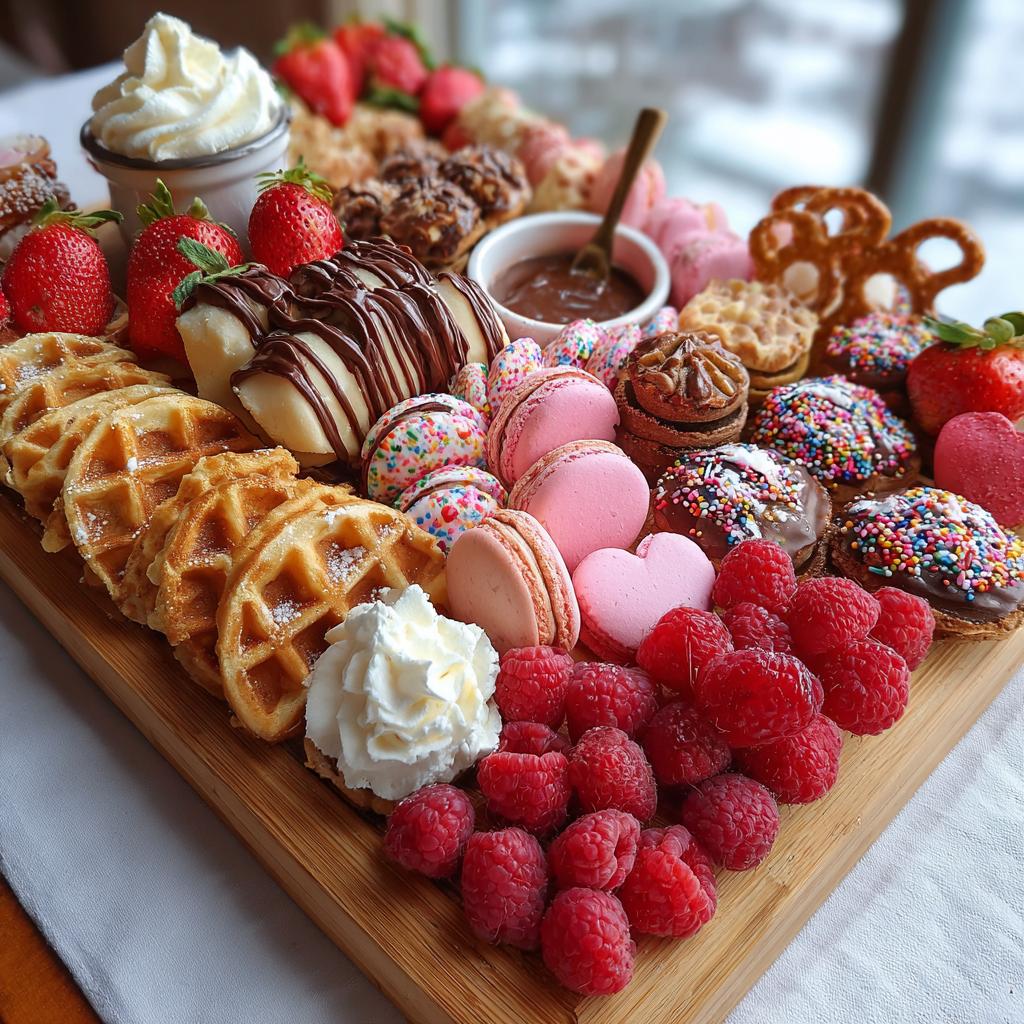 Delicious Valentine’s breakfast board featuring waffles, chocolate-covered bananas, macarons, strawberries, and raspberries.