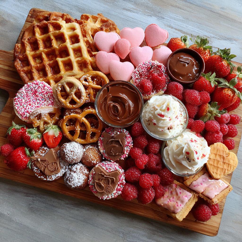 Festive Valentine’s breakfast board featuring waffles, heart macarons, chocolate, fruit, and pretzels.