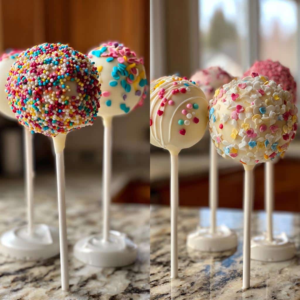 A variety of Valentine’s cake pops decorated with colorful sprinkles, heart shapes, and white chocolate drizzle.