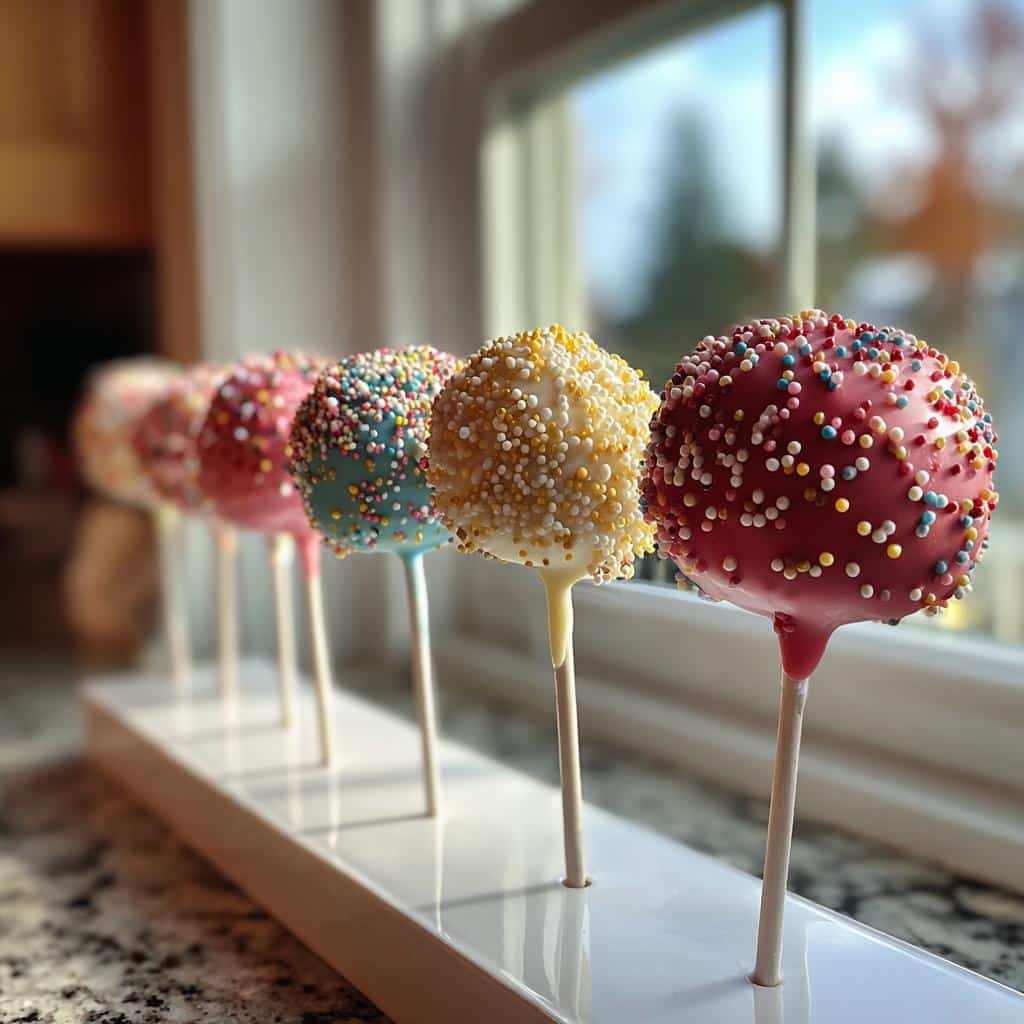 A row of colorful Valentine’s cake pops with sprinkles, displayed in a holder near a window.
