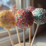 Assortment of colorful Valentine’s cake pops with sprinkles and candy decorations on sticks.