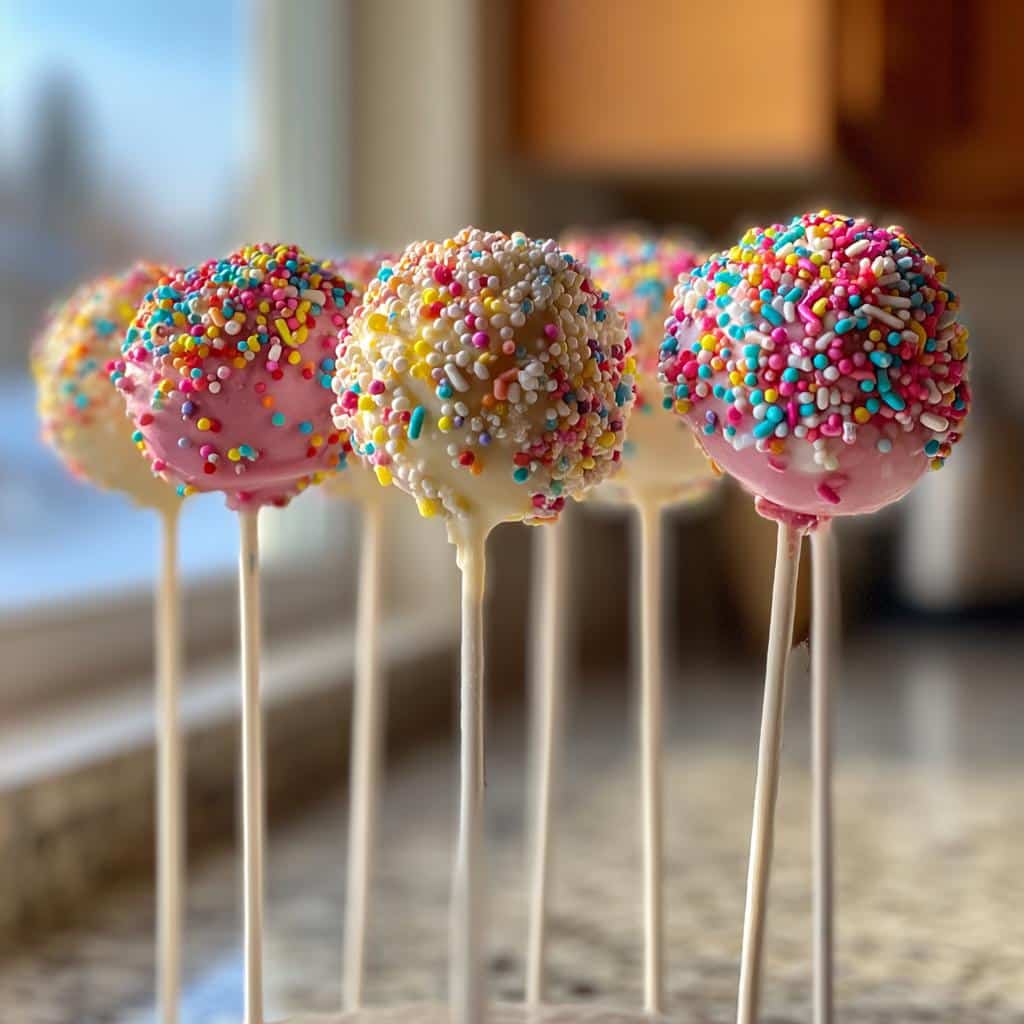 Delicious Valentine’s cake pops coated in pink and white chocolate and covered with colorful sprinkles.