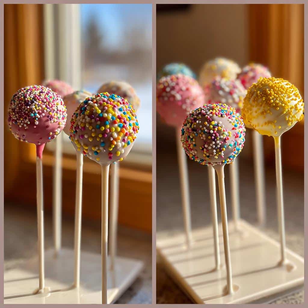 Assorted Valentine’s cake pops decorated with colorful sprinkles, displayed on a stand.