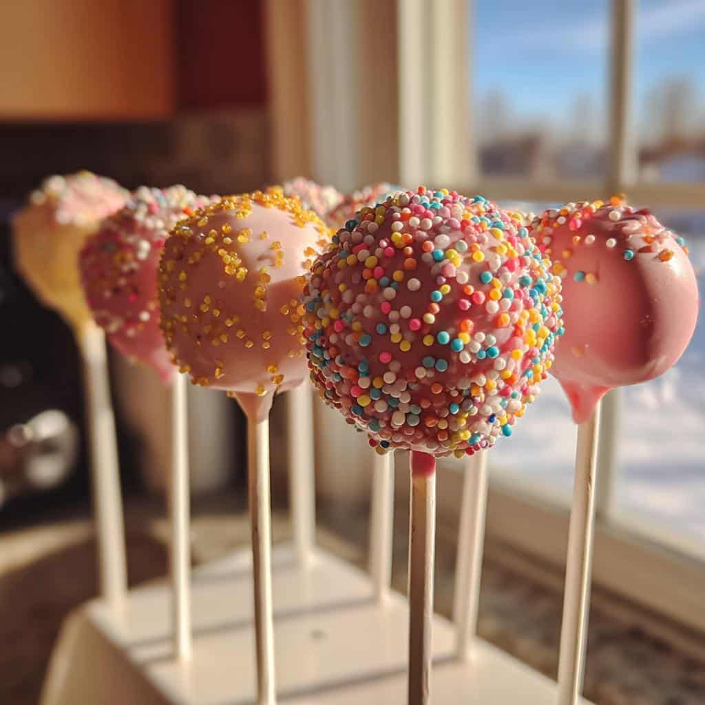 Close-up of Valentine’s cake pops with colorful sprinkles, displayed in a holder near a window.