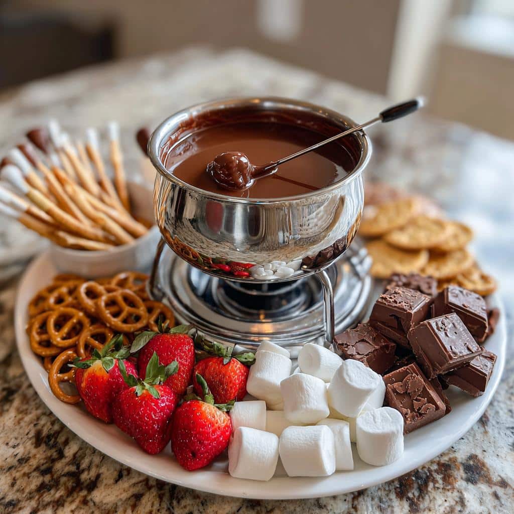 Valentine’s chocolate fondue with strawberries, marshmallows, pretzels, and chocolate chunks for dipping.