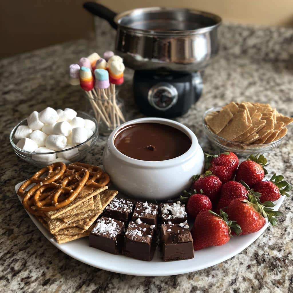 A Valentine’s chocolate fondue platter with strawberries, marshmallows, pretzels, graham crackers, and fudge.