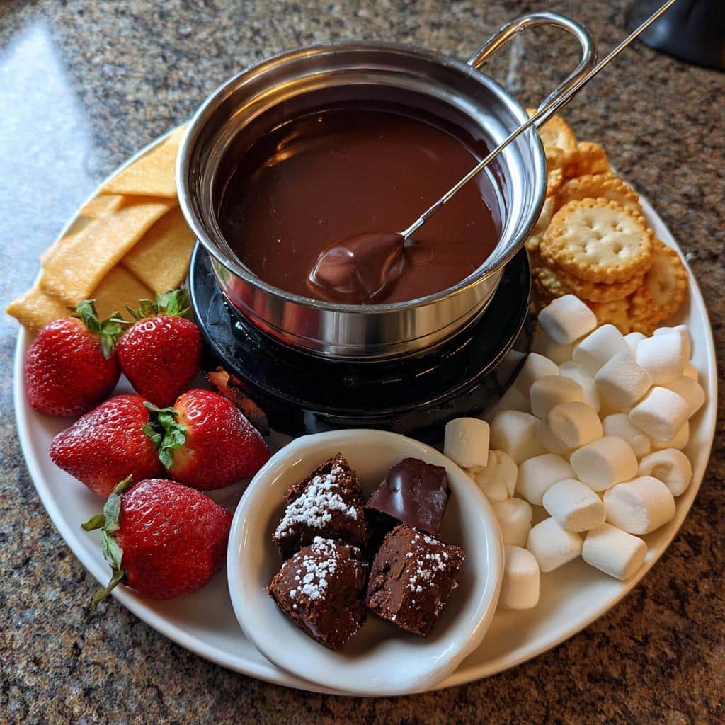 Valentine’s chocolate fondue with strawberries, marshmallows, brownies, crackers, and dipping fork.