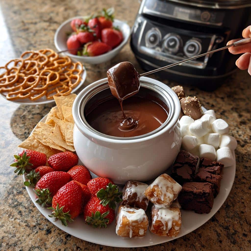 Valentine’s chocolate fondue surrounded by strawberries, marshmallows, brownies, donuts, pretzels, and tortilla chips.