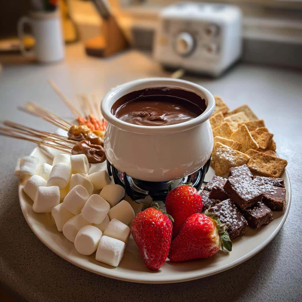 Valentine’s chocolate fondue served with marshmallows, strawberries, brownies, and graham crackers for dipping.