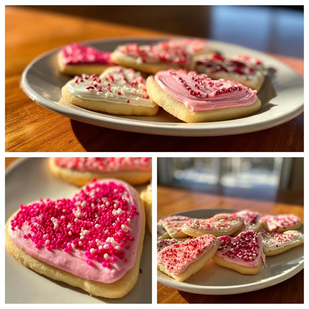 Heart-shaped cookies decorated with pink and white frosting and sprinkles, part of a Valentine’s cookie kit.