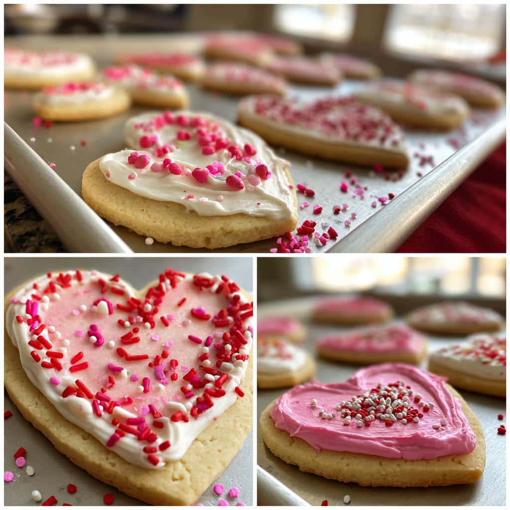 Heart-shaped cookies from a Valentine’s cookie kit, decorated with frosting and sprinkles in pink, red, and white.