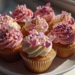 Close-up of a Valentine’s cupcake bouquet with pink and white frosting, sprinkles, and heart decorations.