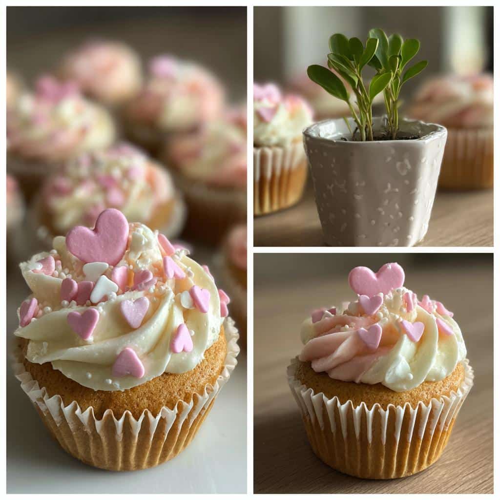 Close-up of Valentine’s cupcake bouquet with heart-shaped sprinkles and frosting.