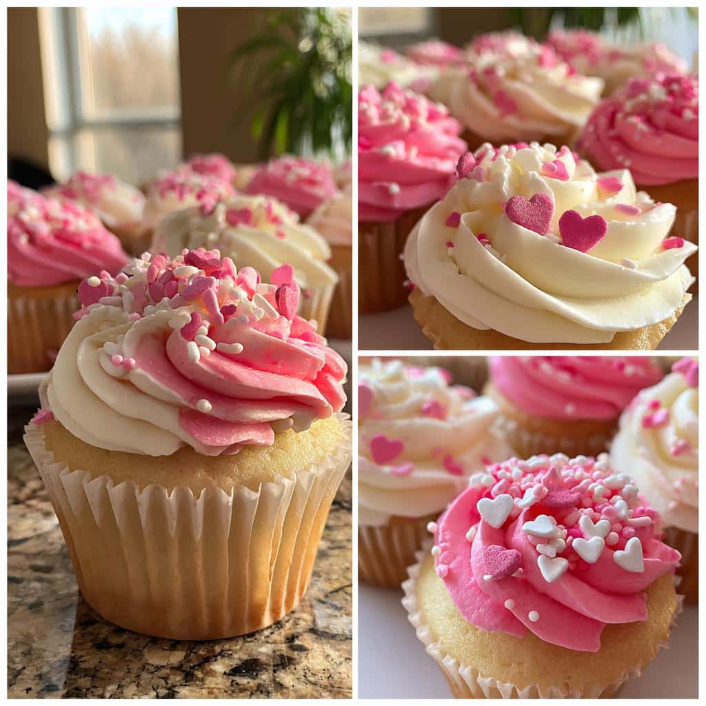 Close-up of Valentine’s cupcake bouquet with pink and white frosting, decorated with heart-shaped sprinkles.