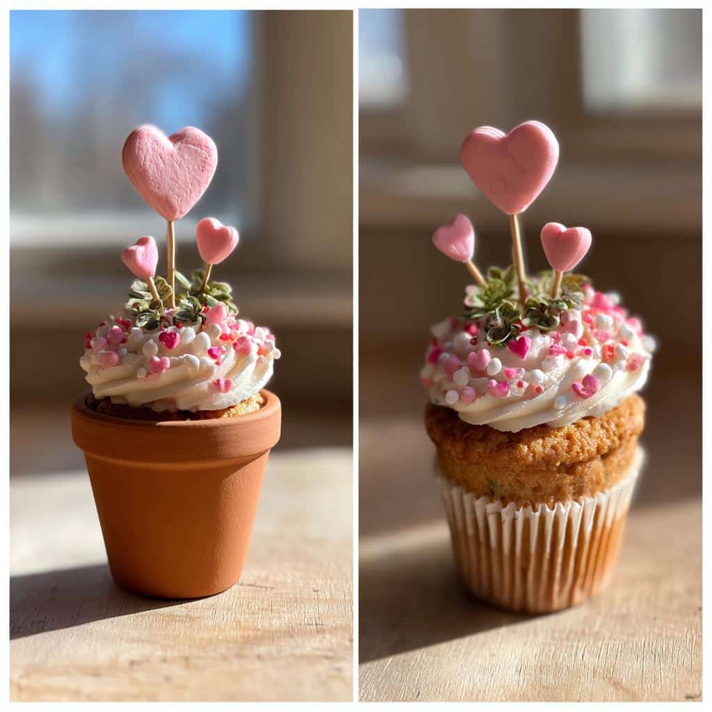 Two views of a Valentine’s cupcake bouquet, one in a pot and one in a wrapper, decorated with heart sprinkles.
