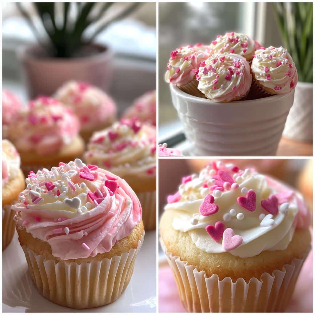 Collage of Valentine’s cupcake bouquet with pink and white frosting and heart-shaped sprinkles.