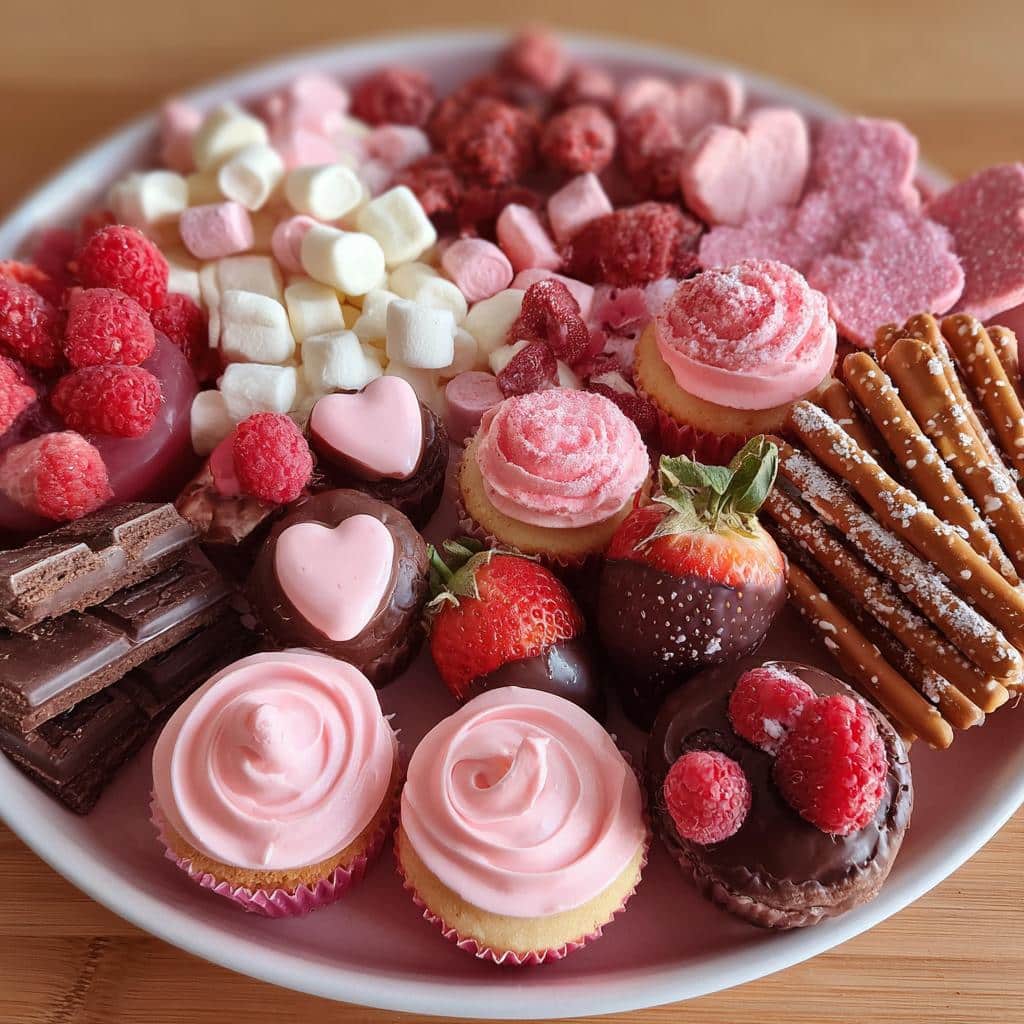 A Valentine’s dessert snack board filled with cupcakes, chocolate-covered strawberries, marshmallows, and pretzels.
