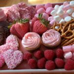 A Valentine’s dessert snack board featuring pink and red treats like cupcakes, chocolate-covered strawberries, cookies, and marshmallows.