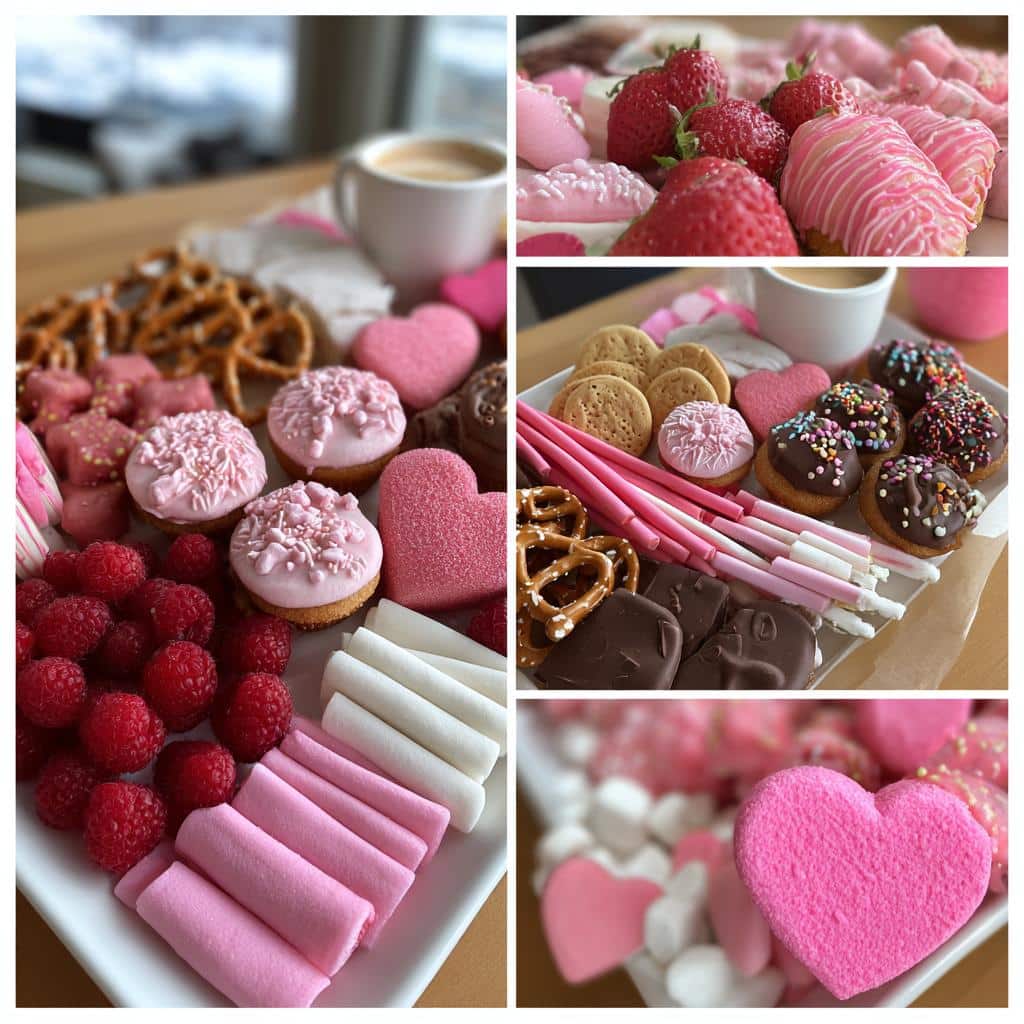 Collage of a Valentine’s dessert snack board featuring pink treats, chocolate, marshmallows, and fresh berries.