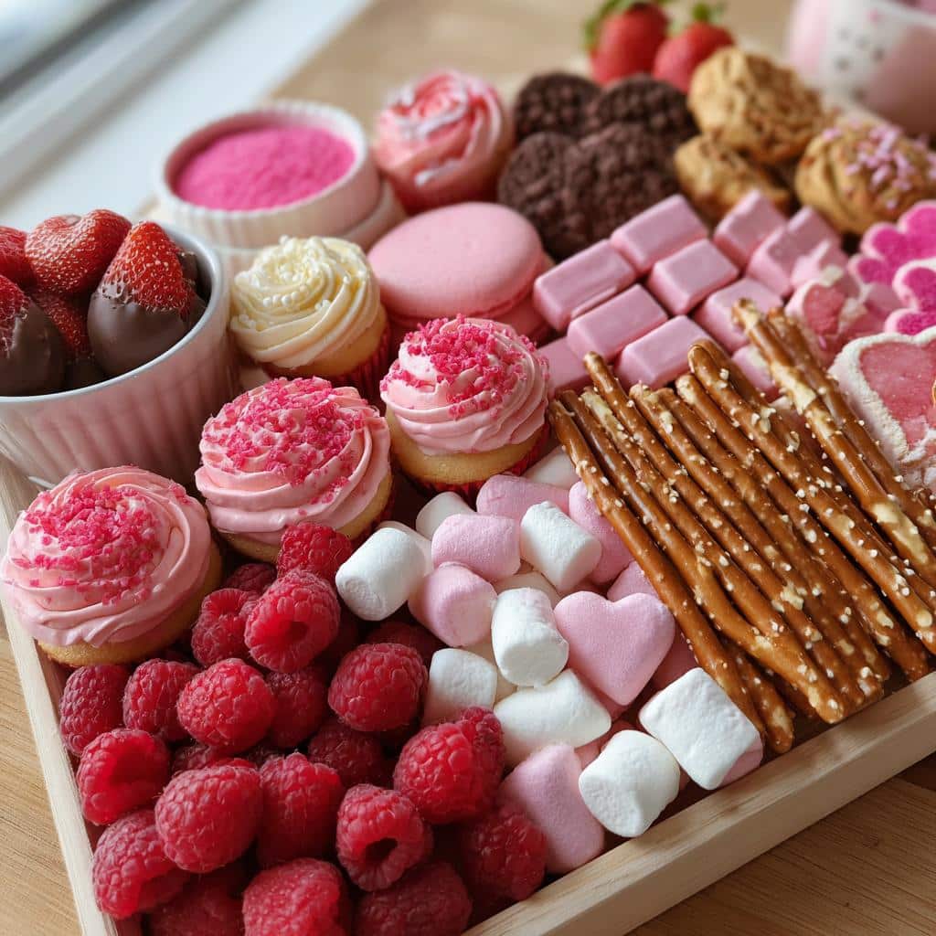 A Valentine’s dessert snack board filled with cupcakes, raspberries, chocolate covered strawberries, and marshmallows.
